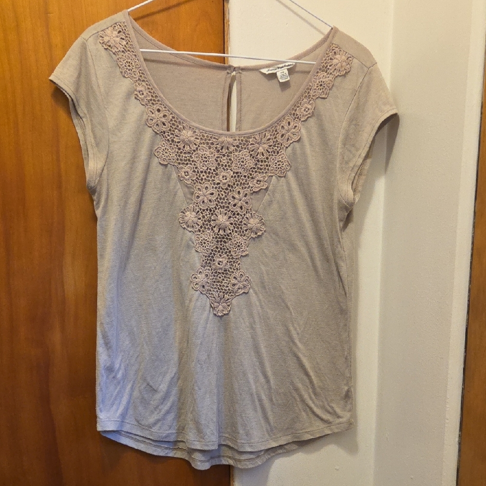 American Eagle Outfitters Beige Lace Accent Tee